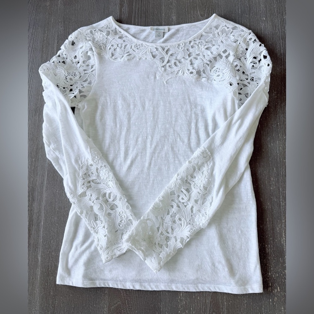 Sundance White Floral Crochet Lace Knit Long Sleeve Top - Size Small